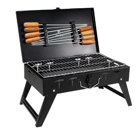 H Hy-tec (Device) Hybb, Traveler Foldable Charcoal Barbeque Grill With 8 Skewers & Charcoal Tray (Stellar Black), Free Standing