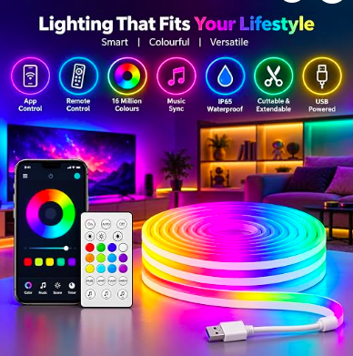 RGB Neon LED 4Mtr Strip Light with App & Remote Control | Music Sync | USB Powered | Waterproof & Flexible Led Rope Light Room, Gaming, Party, Diwali & Home Decoration Ceiling Strip Lights
