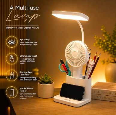 3-in-1 LED Desk Lamp with Pen & Phone Holder – USB Rechargeable Study Lamp with Touch Sensor, 3 Light Modes, Eye Protection & Warm White Night Light for Bedroom, Office & Home