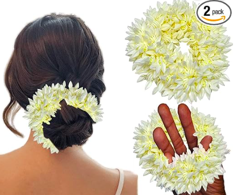 Gajra Hair Accessories for Women & Girls - Hair Flower Bun Artificial Fake Scrunchies Rubber Band - Premium & Voluminous, White