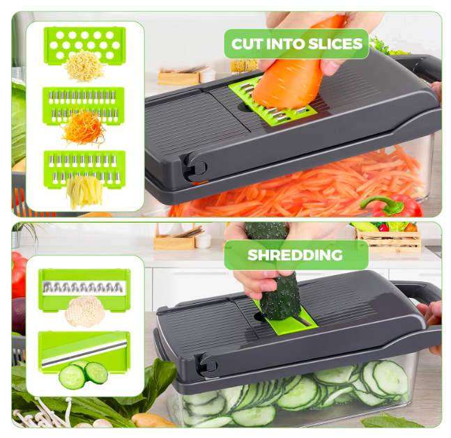 15 in 1 Multifunction Vegetable Chopper with 7 Interchangeable Blades and Container, Manual Slicer, Dicer and Cutter for Onion, Tomato, Potato, Carrot, Cucumber and Fruit Prep