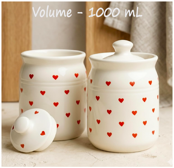 D'Maiolica Ceramic 1000ml Handmade Pickle Jars (set of 2) | Handpainted Heart 1 kg Ceramic Storage Containers | Kitchen Jars for Salt (Set of 2) | Jars for Achar, Spices, Salt (Red HandPainted Heart)