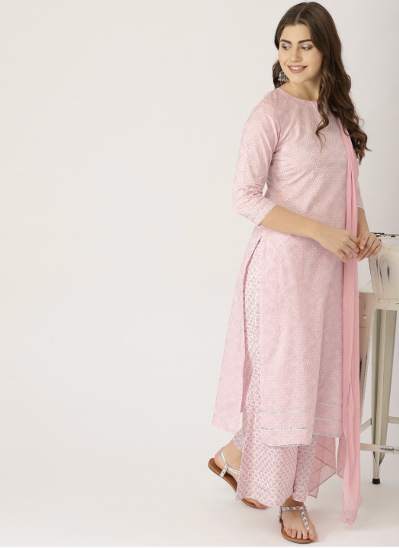 Women Pink & Silver Printed Kurta with Palazzos & Dupatta