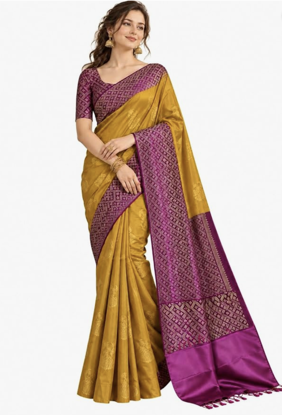 Womens Banarasi Kanjivaram Silk Saree | Traditional Jhumka Motif & Contrast Geometric Border | Includes Unstitched Blouse Piece