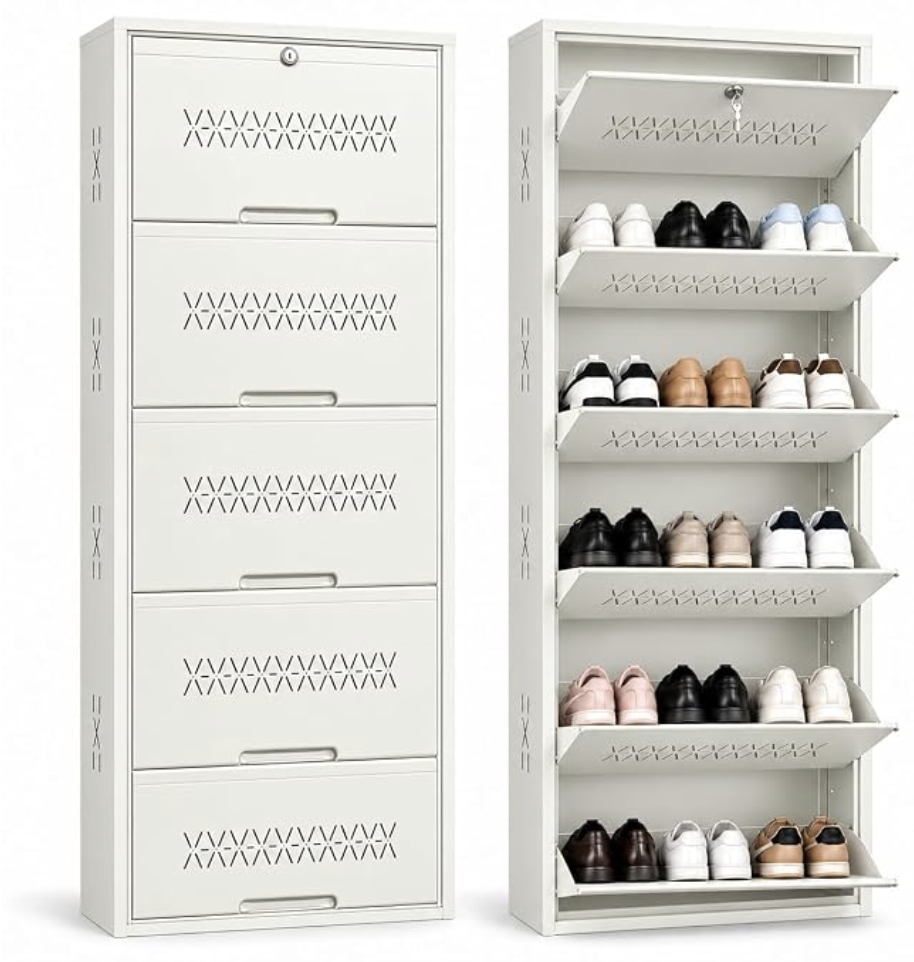Skywave Luxury Wall Mounted Metal Shoe Rack with Lock | 1-2 Day Delivery | 5 Shelf | Heavy Duty Steel Shoe Cabinet | Central Locking | Space Saving | 3 Year Warranty (Ivory White, 26 Inches)